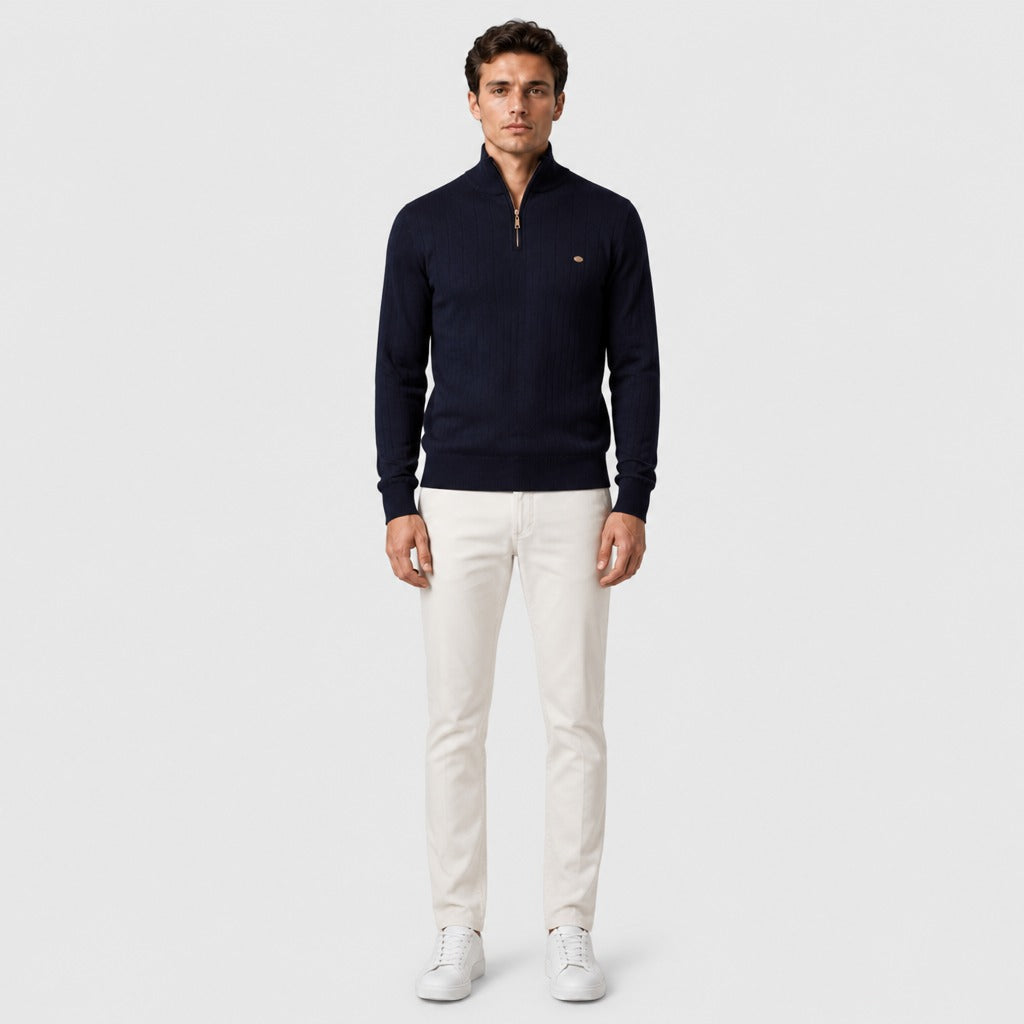 Men’s Cotton High Neck Zip Sweatshirt Navy Blue full length