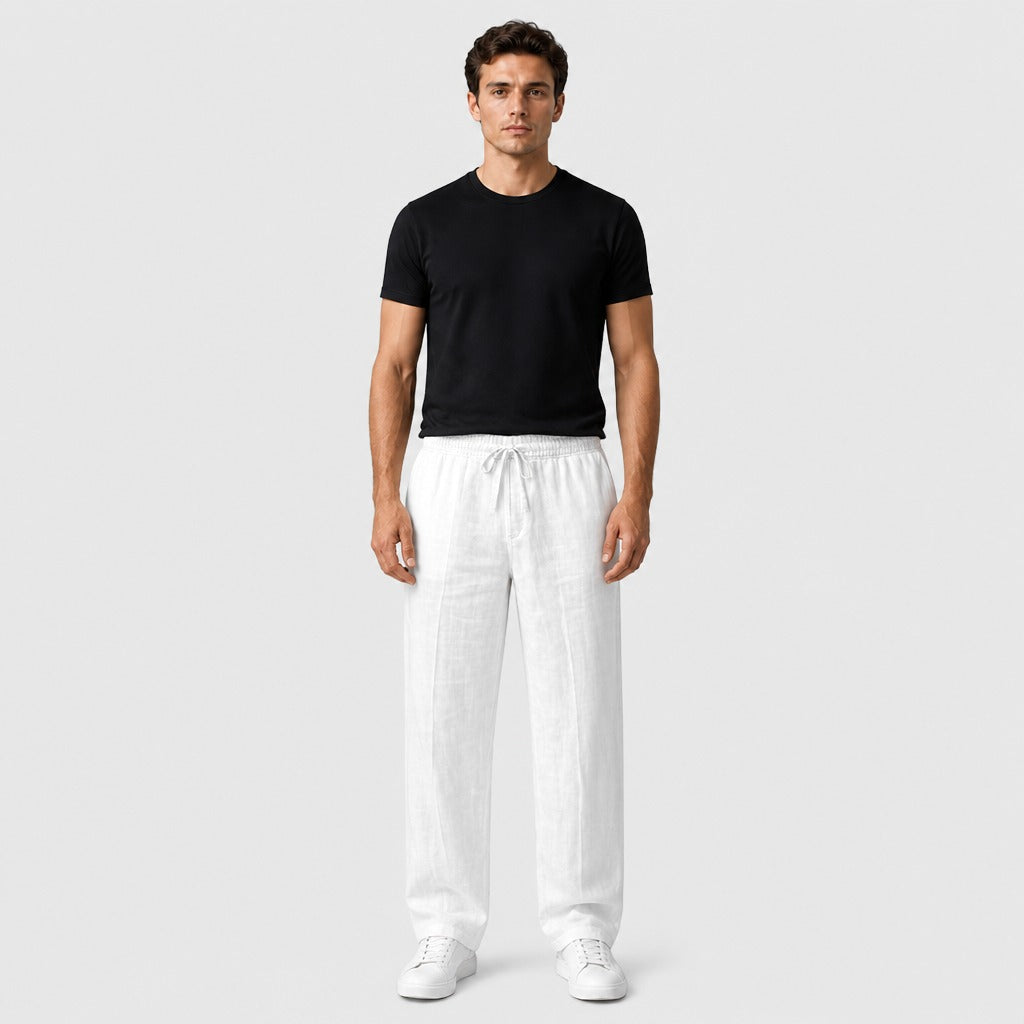 Men’s Cotton Linen Drawstring Harem Trousers White full length