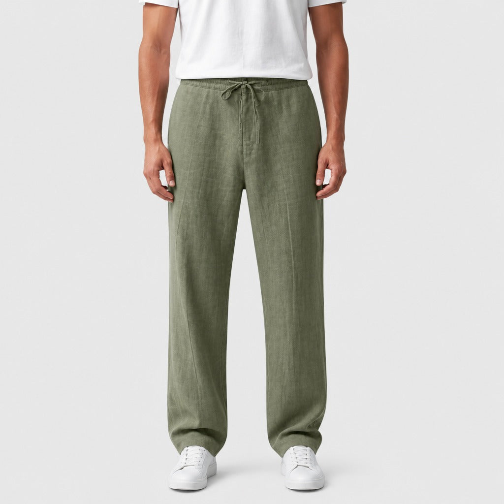 Men’s Cotton Linen Drawstring Harem Trousers Military Green