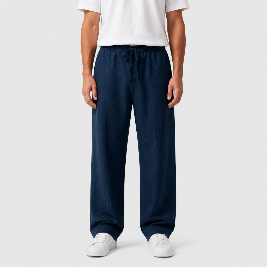 Men’s Cotton Linen Drawstring Harem Trousers Dark Blue