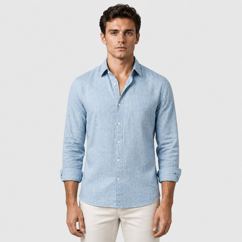 Men’s Cotton Linen Shirt with Turn-Down Collar Blue front