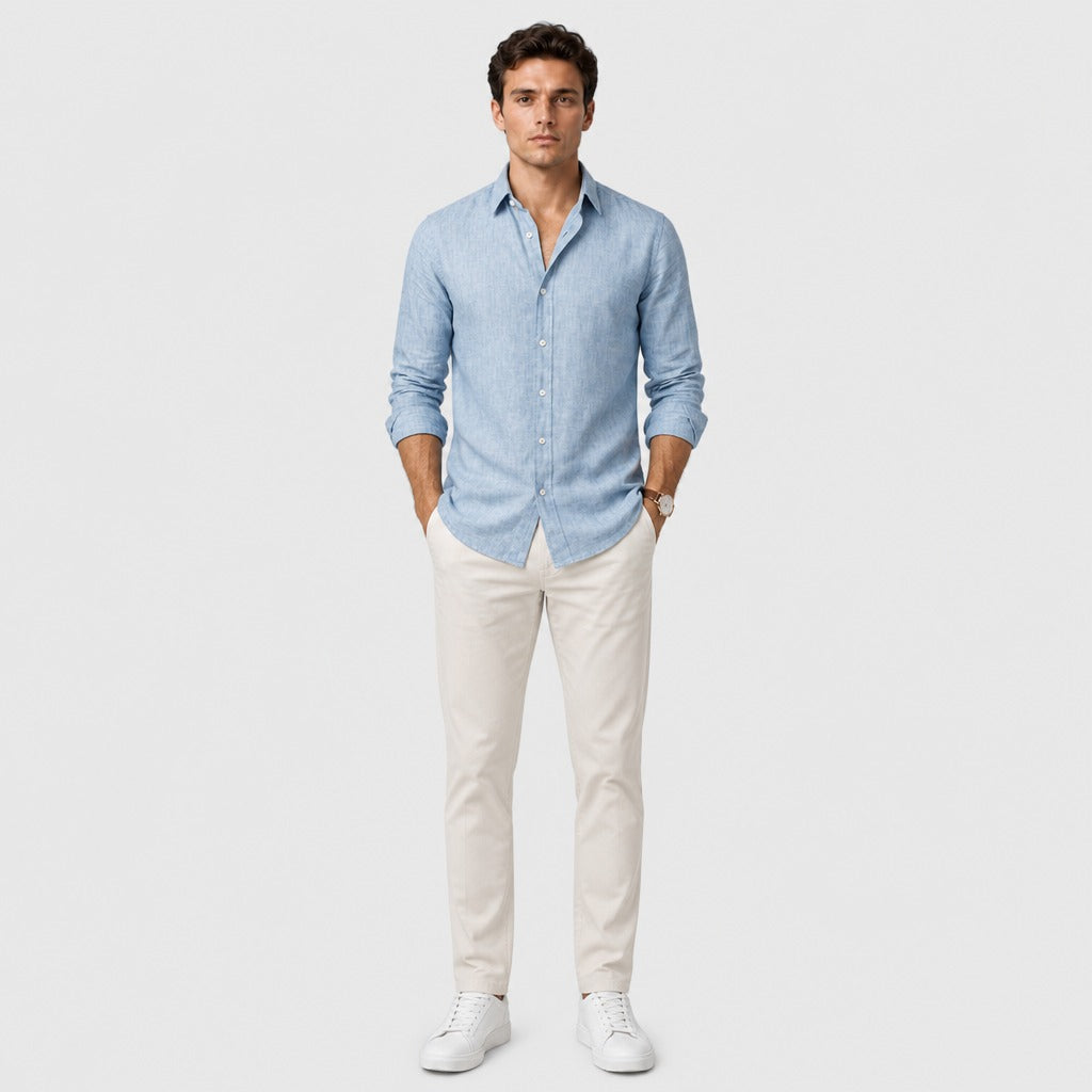 Men’s Cotton Linen Shirt with Turn-Down Collar Blue full length