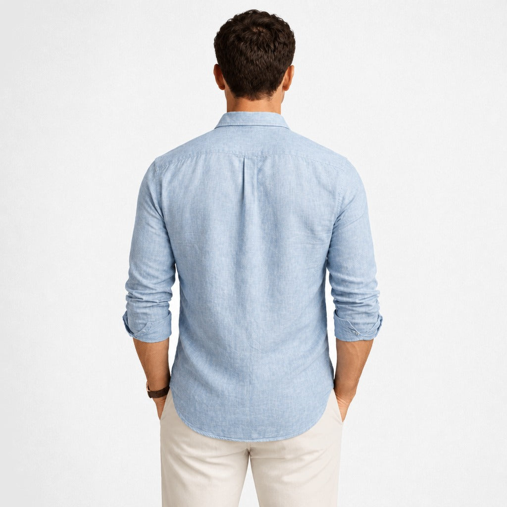 Men’s Cotton Linen Shirt with Turn-Down Collar Blue back