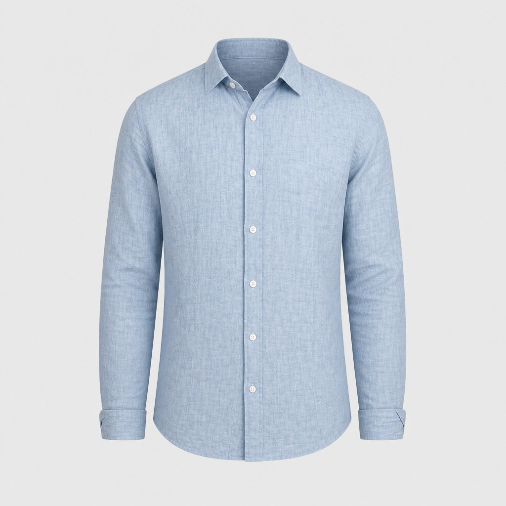 Men’s Cotton Linen Shirt with Turn-Down Collar Blue product front