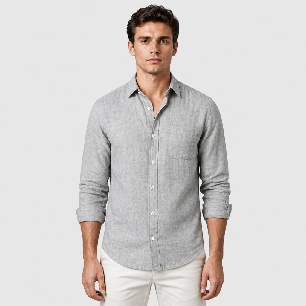 Men’s Cotton Linen Shirt with Turn-Down Collar Grey