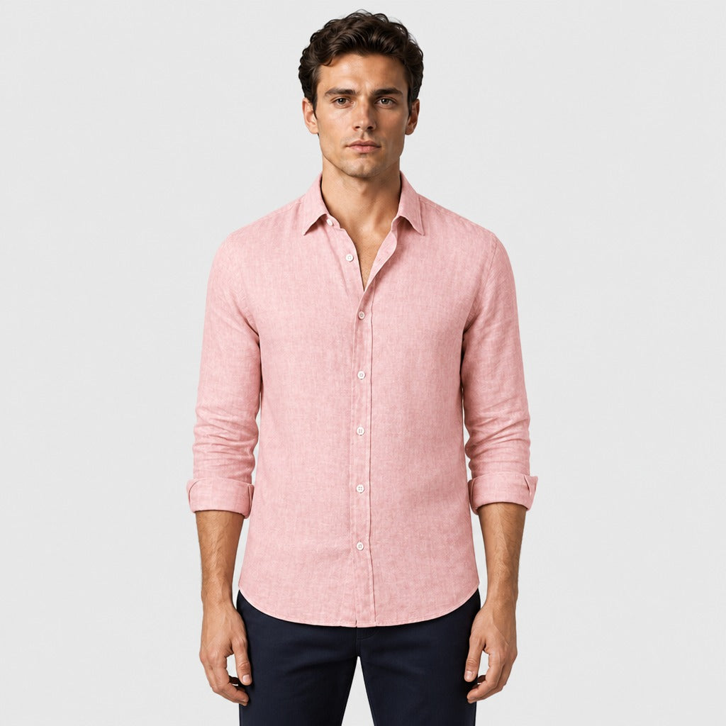 Men’s Cotton Linen Shirt with Turn-Down Collar Pink