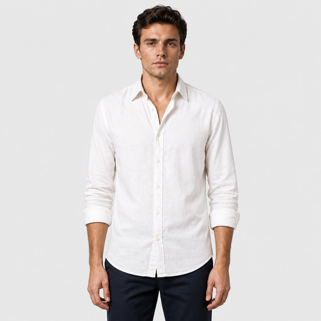 Men’s Cotton Linen Shirt with Turn-Down Collar White
