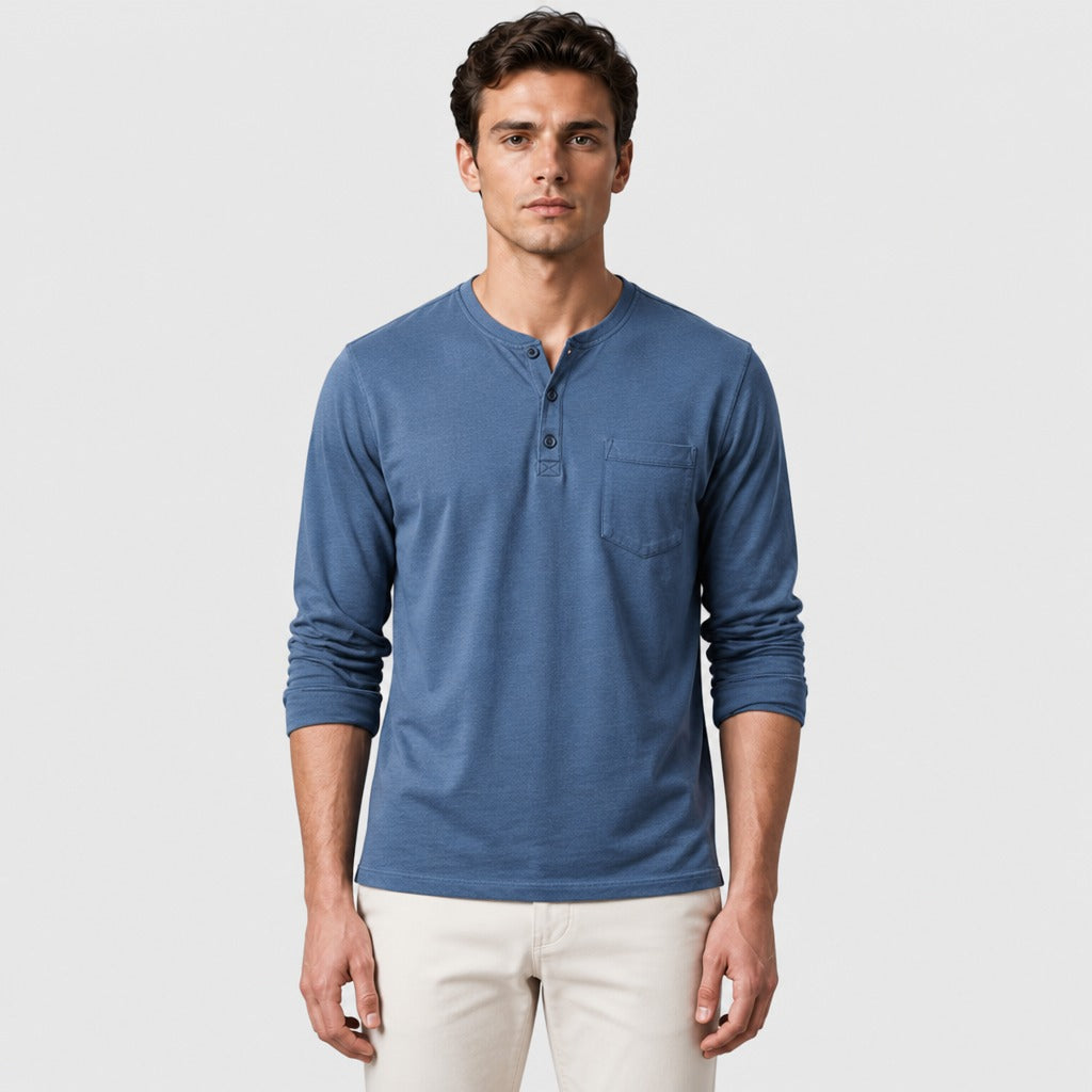 Men’s Cotton Linen Textured Henley Top Blue front