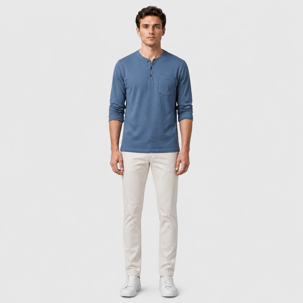 Men’s Cotton Linen Textured Henley Top Blue full length