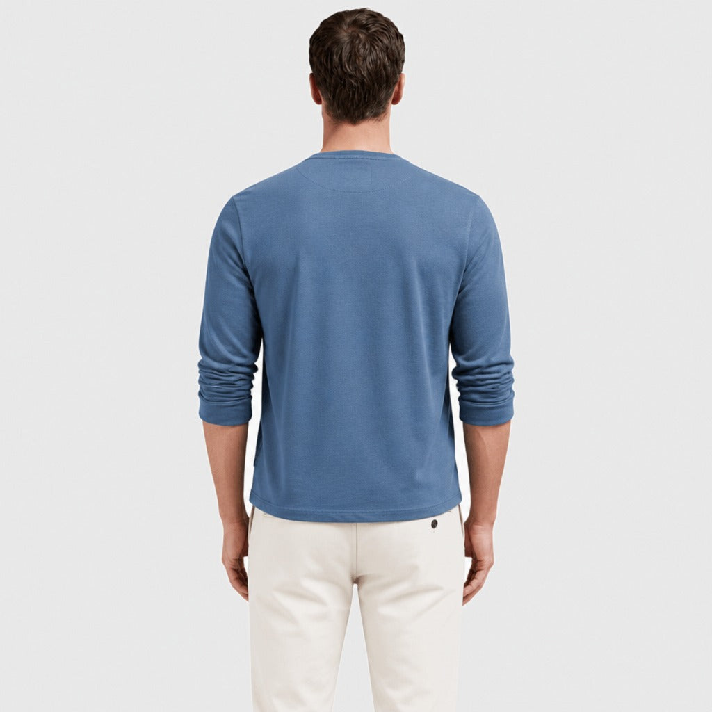 Men’s Cotton Linen Textured Henley Top Blue back