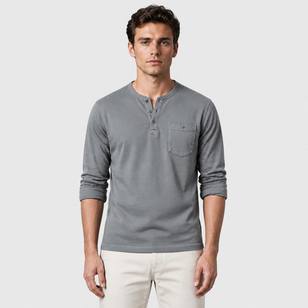 Men’s Cotton Linen Textured Henley Top Grey