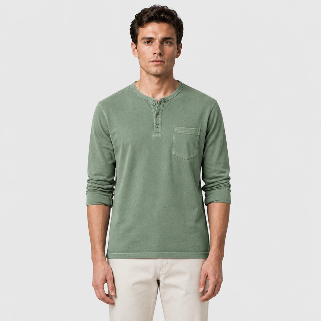 Men’s Cotton Linen Textured Henley Top Green