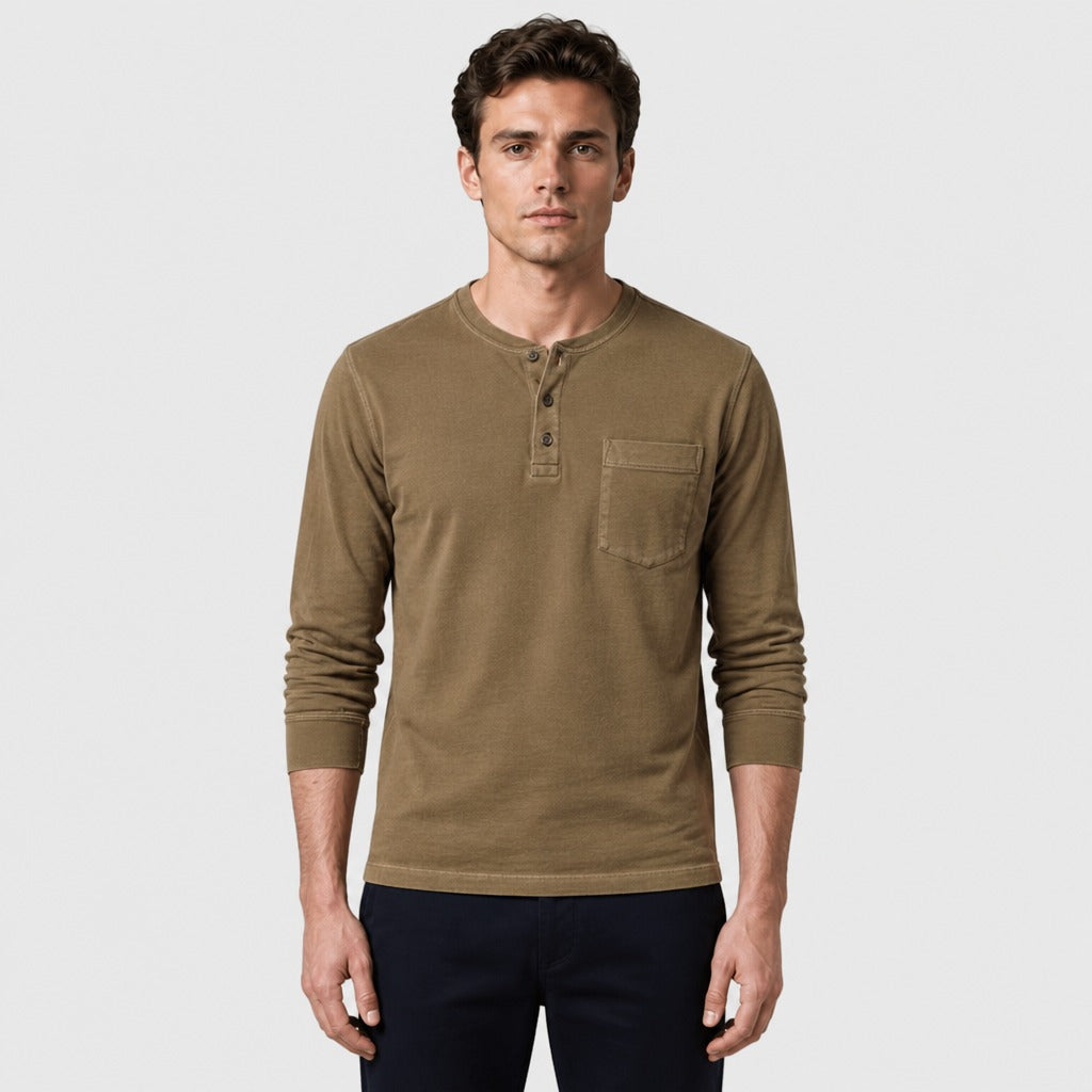 Men’s Cotton Linen Textured Henley Top Khaki