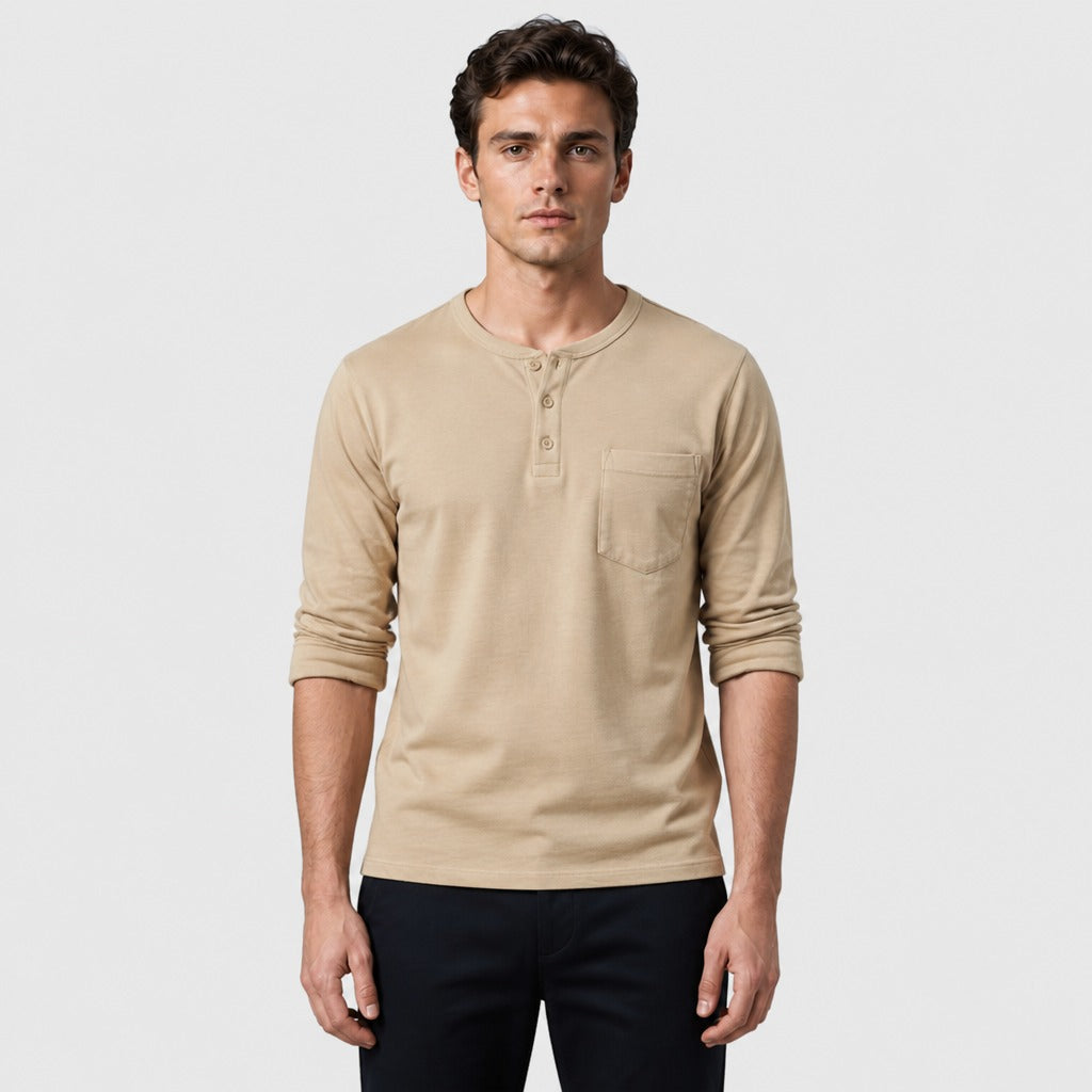 Men’s Cotton Linen Textured Henley Top Beige