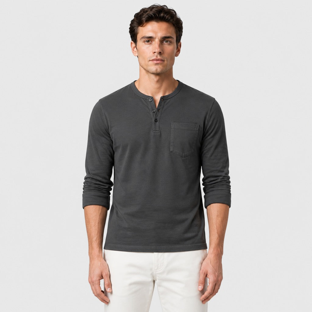 Men’s Cotton Linen Textured Henley Top Black