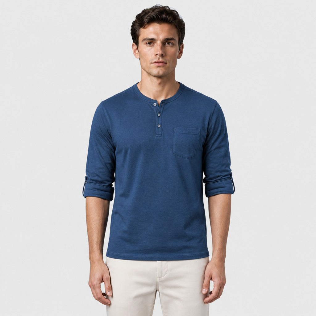 Men’s Cotton Linen Textured Henley Top Dark Blue