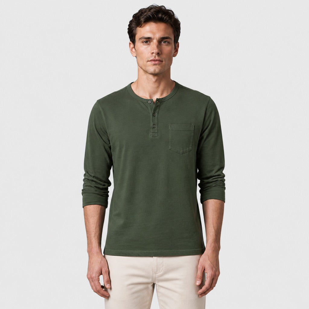Men’s Cotton Linen Textured Henley Top Dark Green