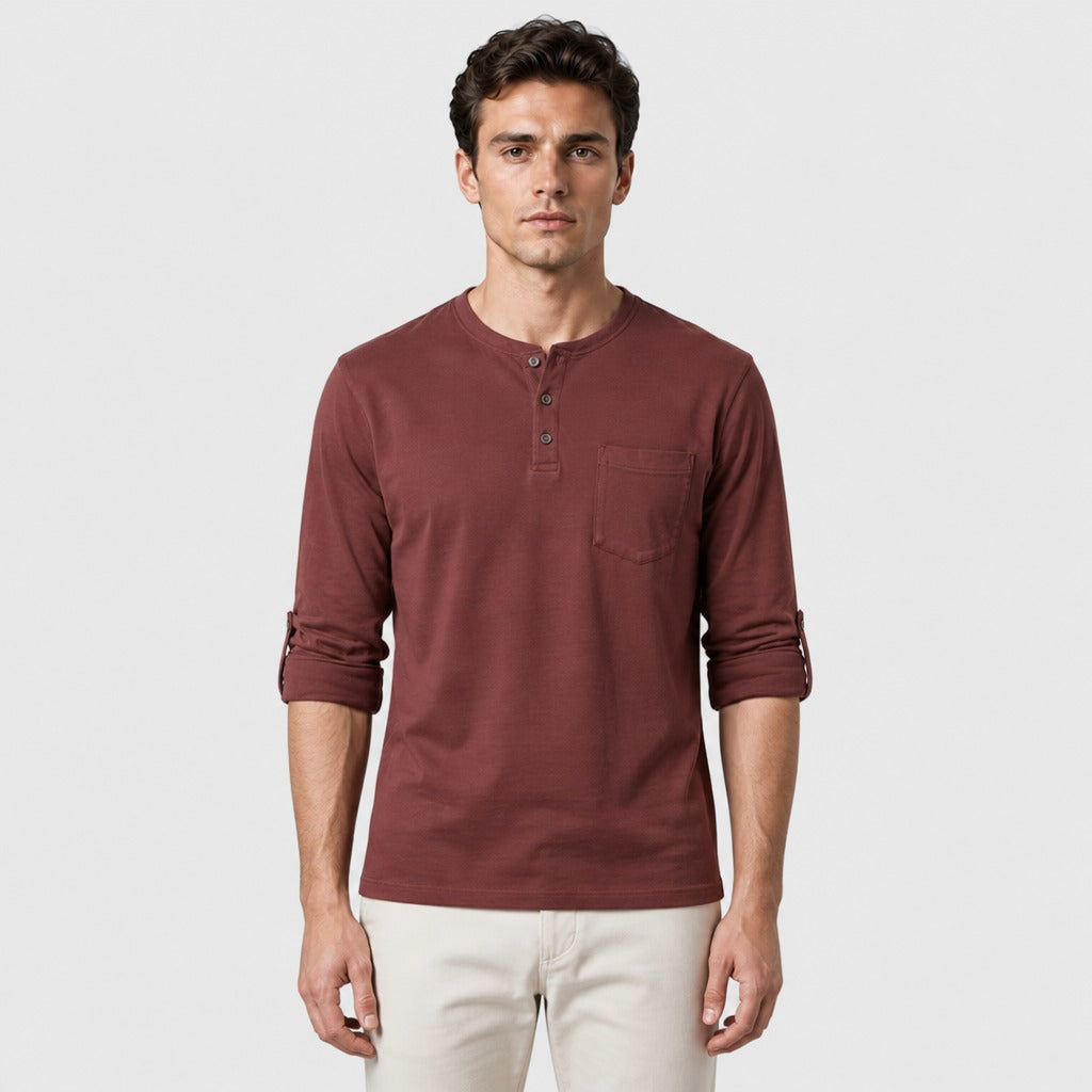 Men’s Cotton Linen Textured Henley Top Red