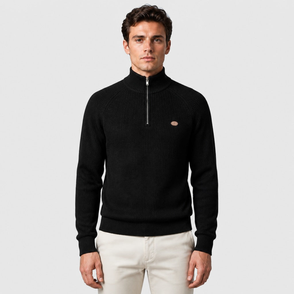 Men’s Cotton Stretch High Collar Zip Jumper Black front