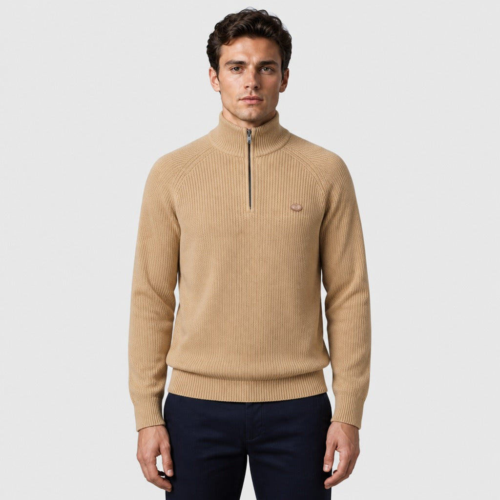 Men’s Cotton Stretch High Collar Zip Jumper Beige