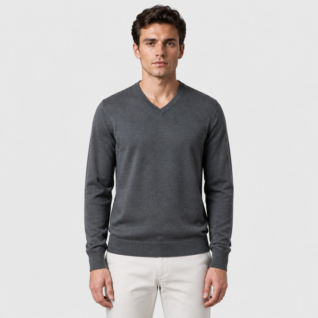 Men’s Cotton V-Neck Knit Jumper Dark Grey front