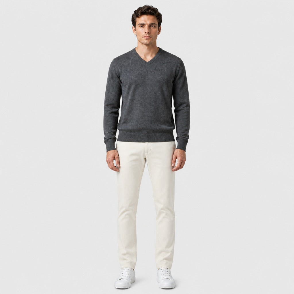 Men’s Cotton V-Neck Knit Jumper Dark Grey full length