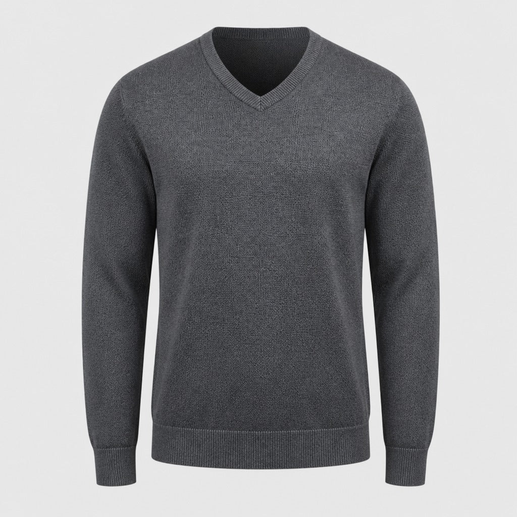 Men’s Cotton V-Neck Knit Jumper Dark Grey product front