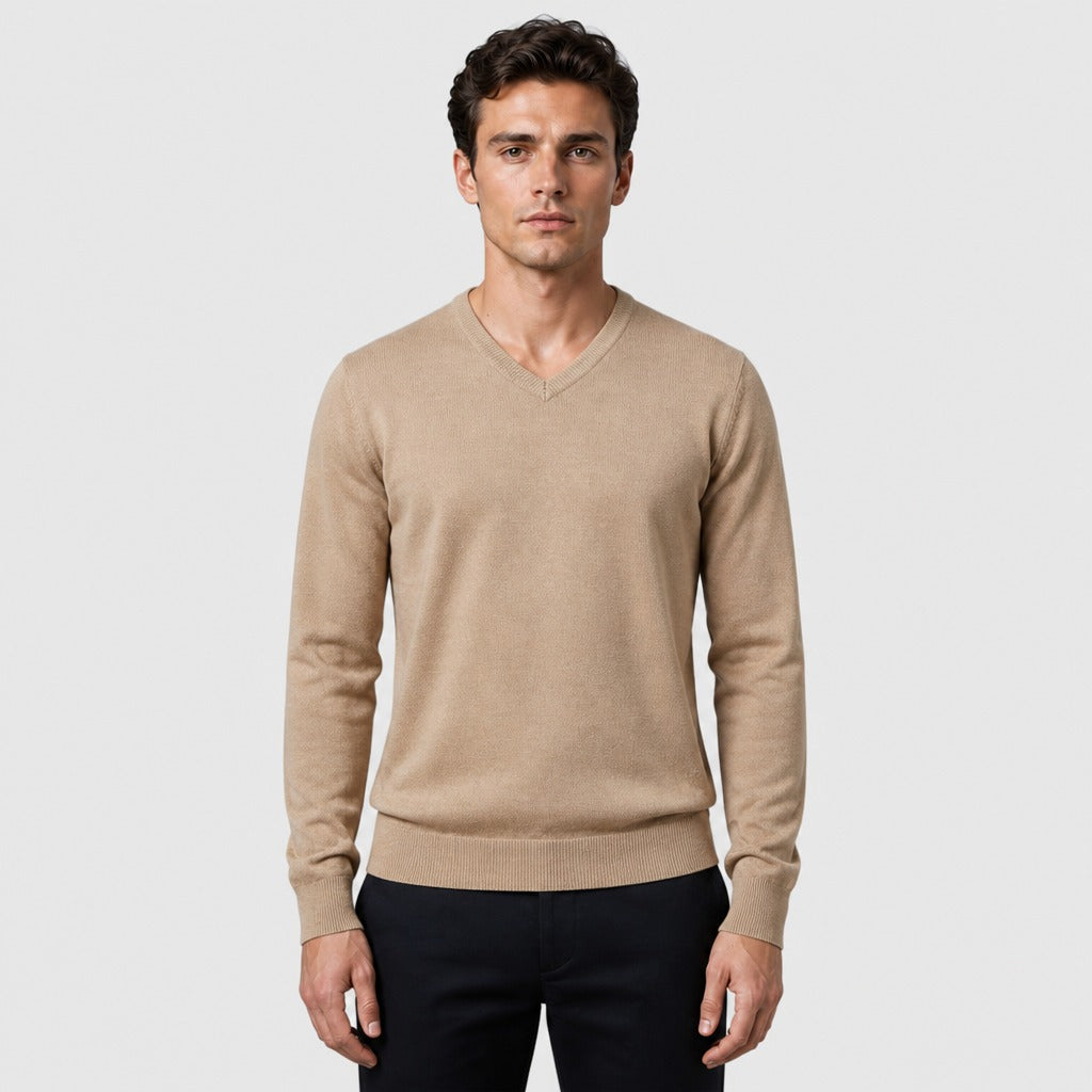 Men’s Cotton V-Neck Knit Jumper Beige
