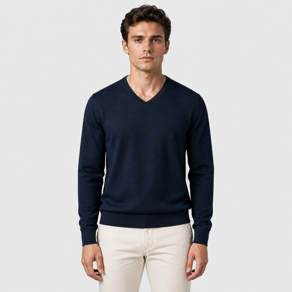 Men’s Cotton V-Neck Knit Jumper Navy Blue