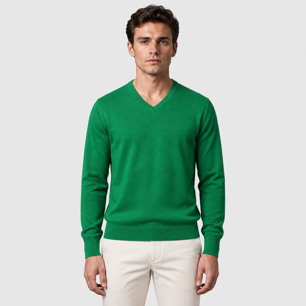 Men’s Cotton V-Neck Knit Jumper Green