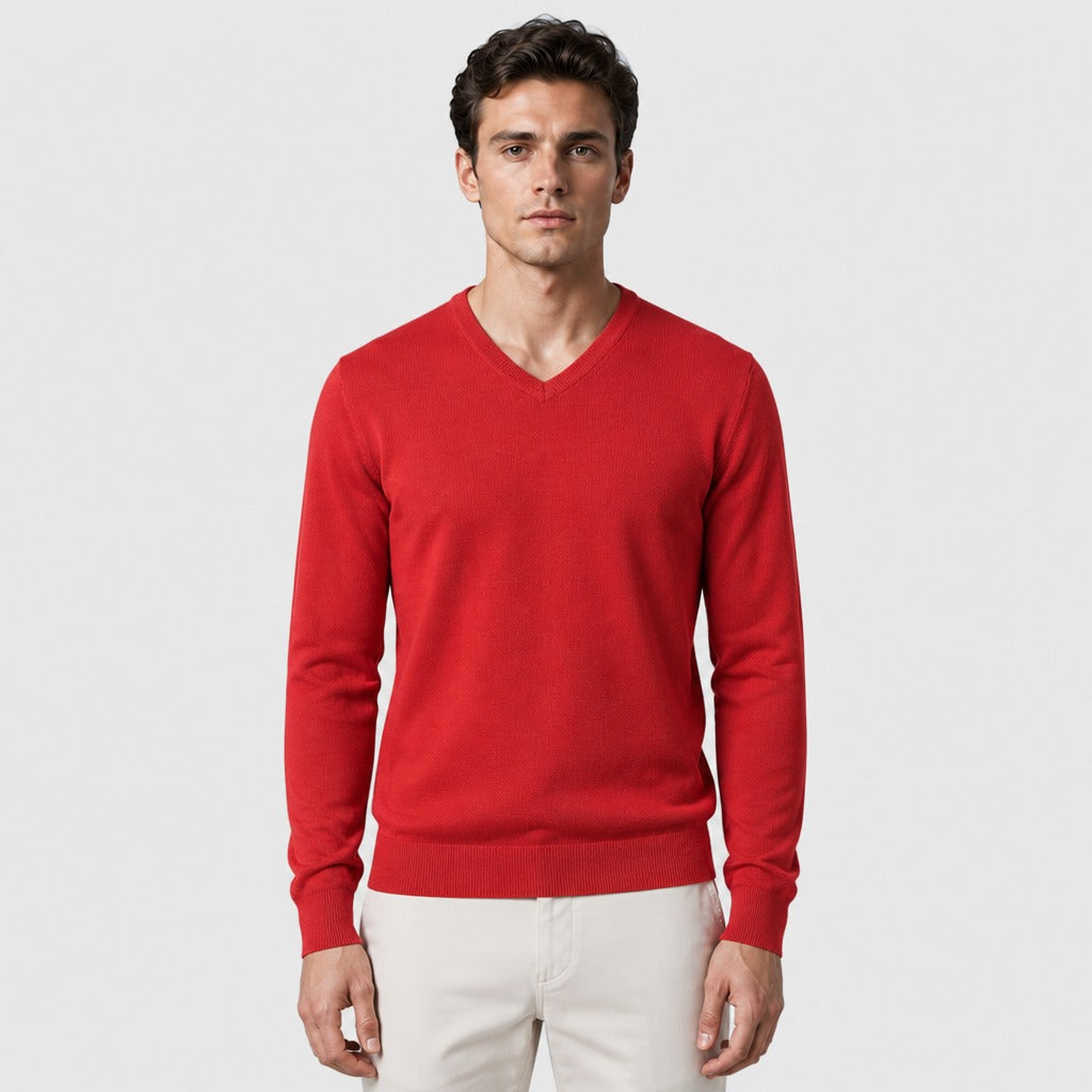 Men’s Cotton V-Neck Knit Jumper Red