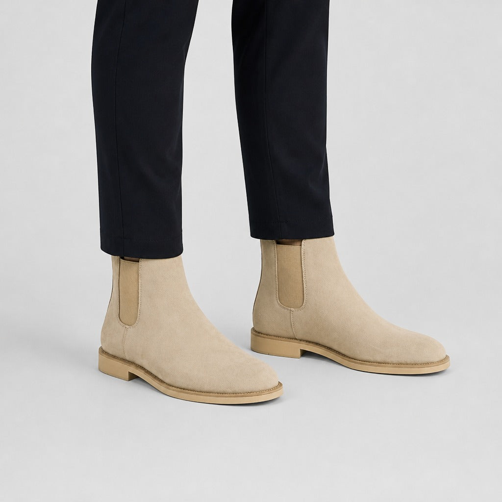 Men’s Cow Suede Chelsea Boots Beige worn