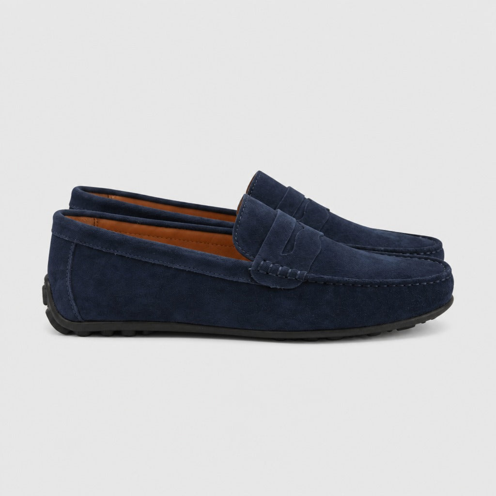 Men’s Cow Suede Loafers with Latex Insole Dark Blue side view