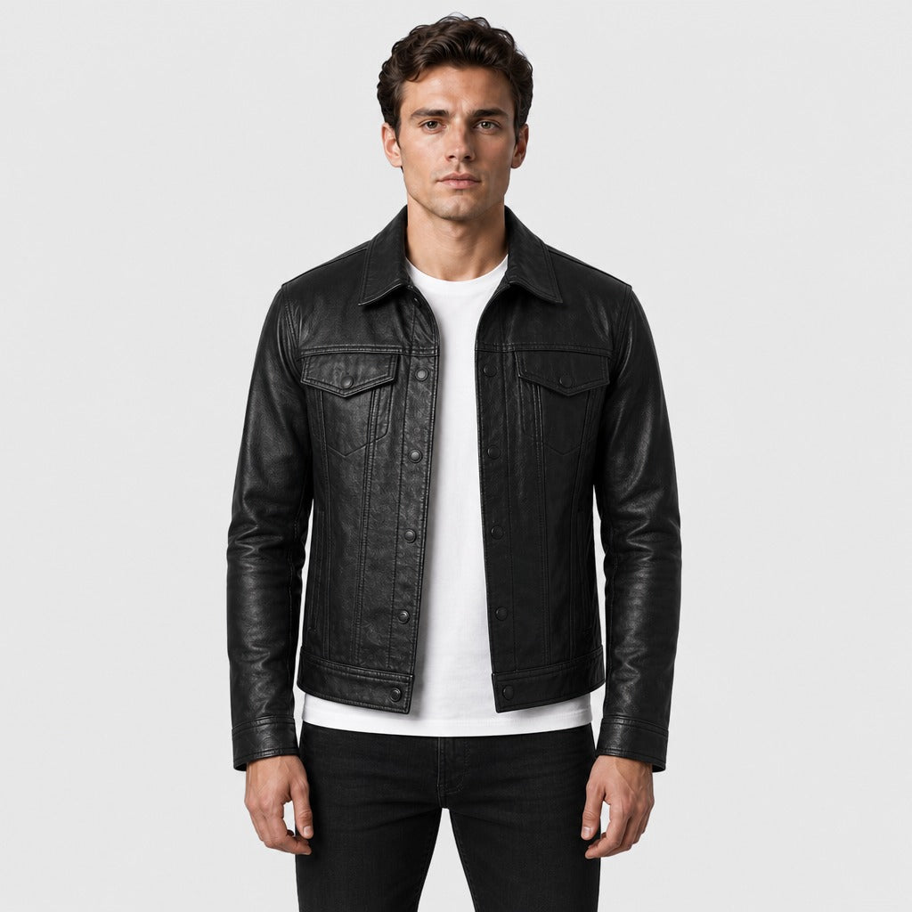 Men’s Cowhide Leather Button Jacket Black front