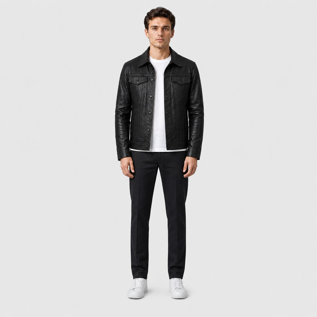 Men’s Cowhide Leather Button Jacket Black full length