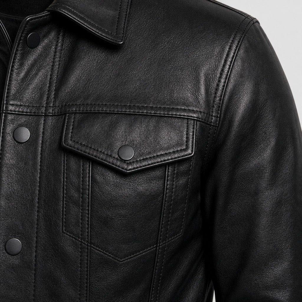 Men’s Cowhide Leather Button Jacket detail