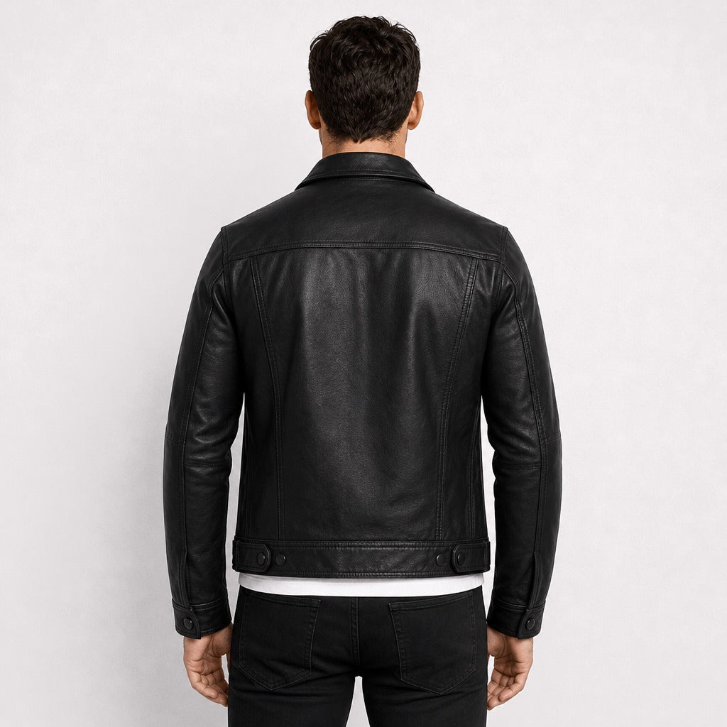 Men’s Cowhide Leather Button Jacket Black back