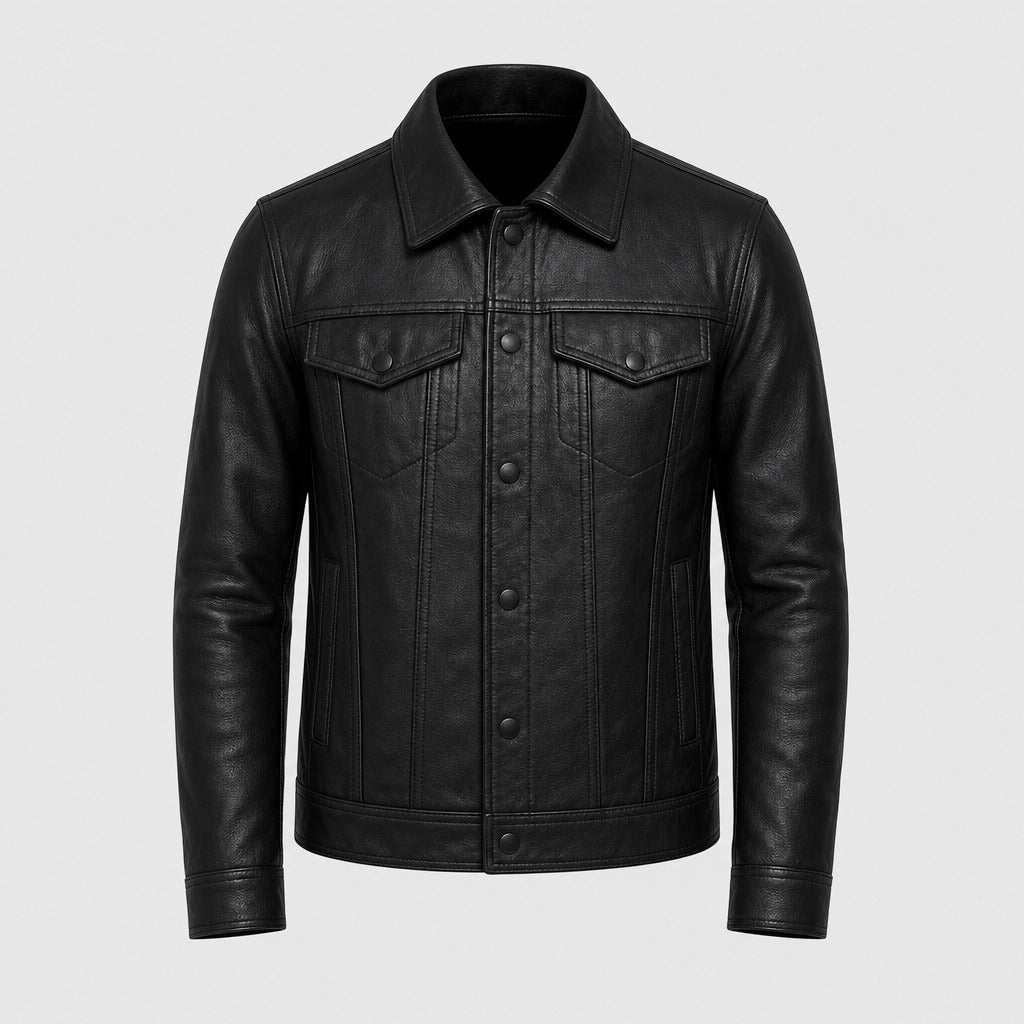 Men’s Cowhide Leather Button Jacket Black product front
