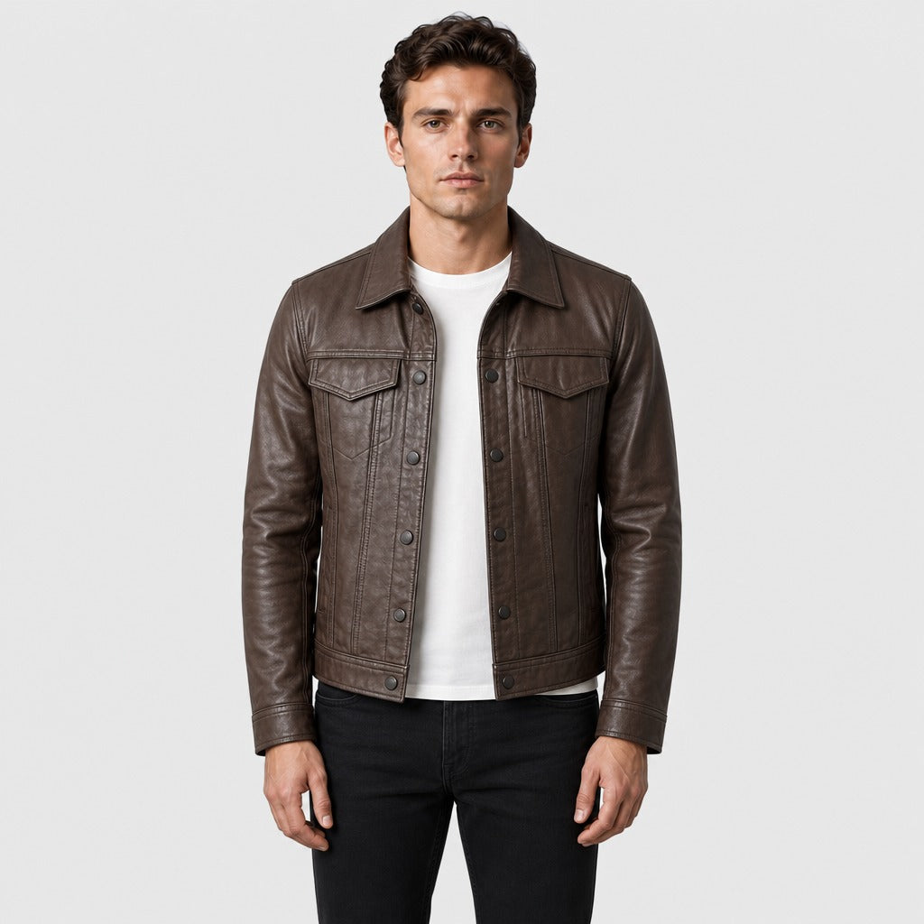 Men’s Cowhide Leather Button Jacket Brown