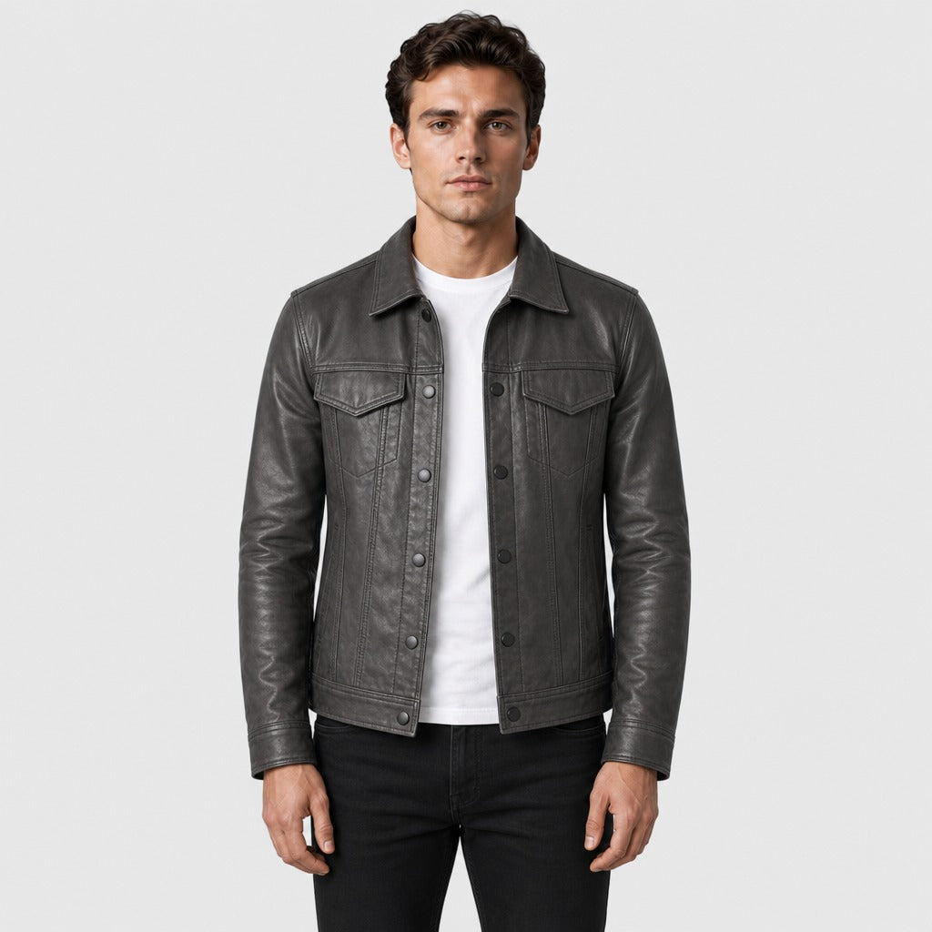 Men’s Cowhide Leather Button Jacket Dark Grey
