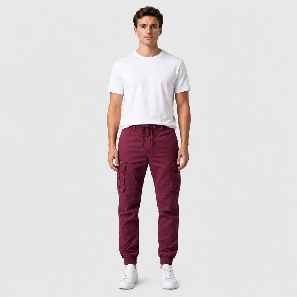 Men’s Cuffed Cargo Joggers Burgundy full length