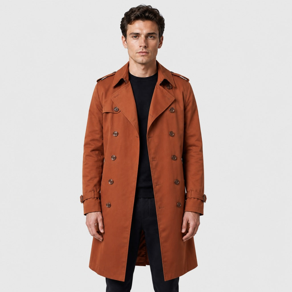 Men’s Double-Breasted Cotton Trench Coat Orange front