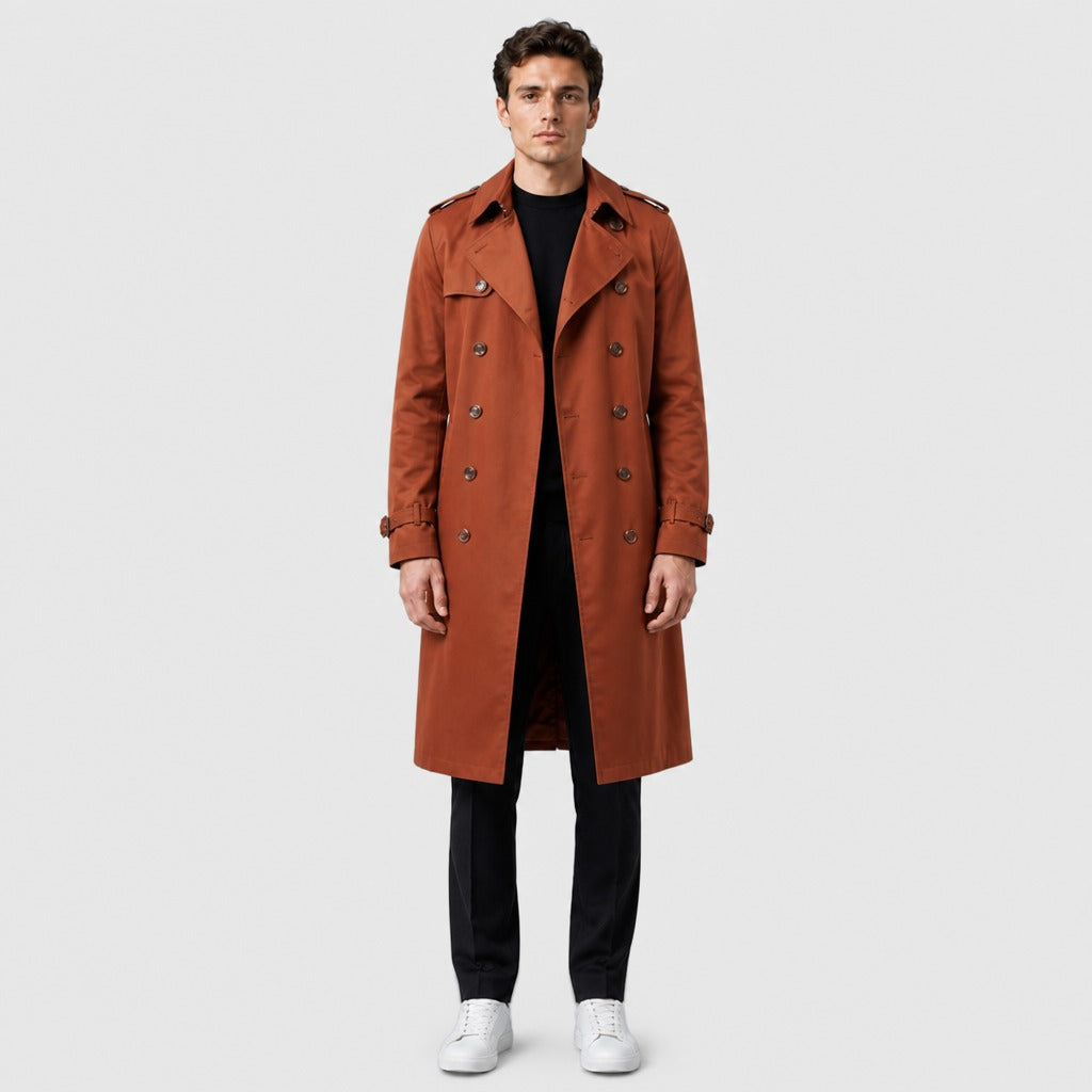 Men’s Double-Breasted Cotton Trench Coat Orange full length