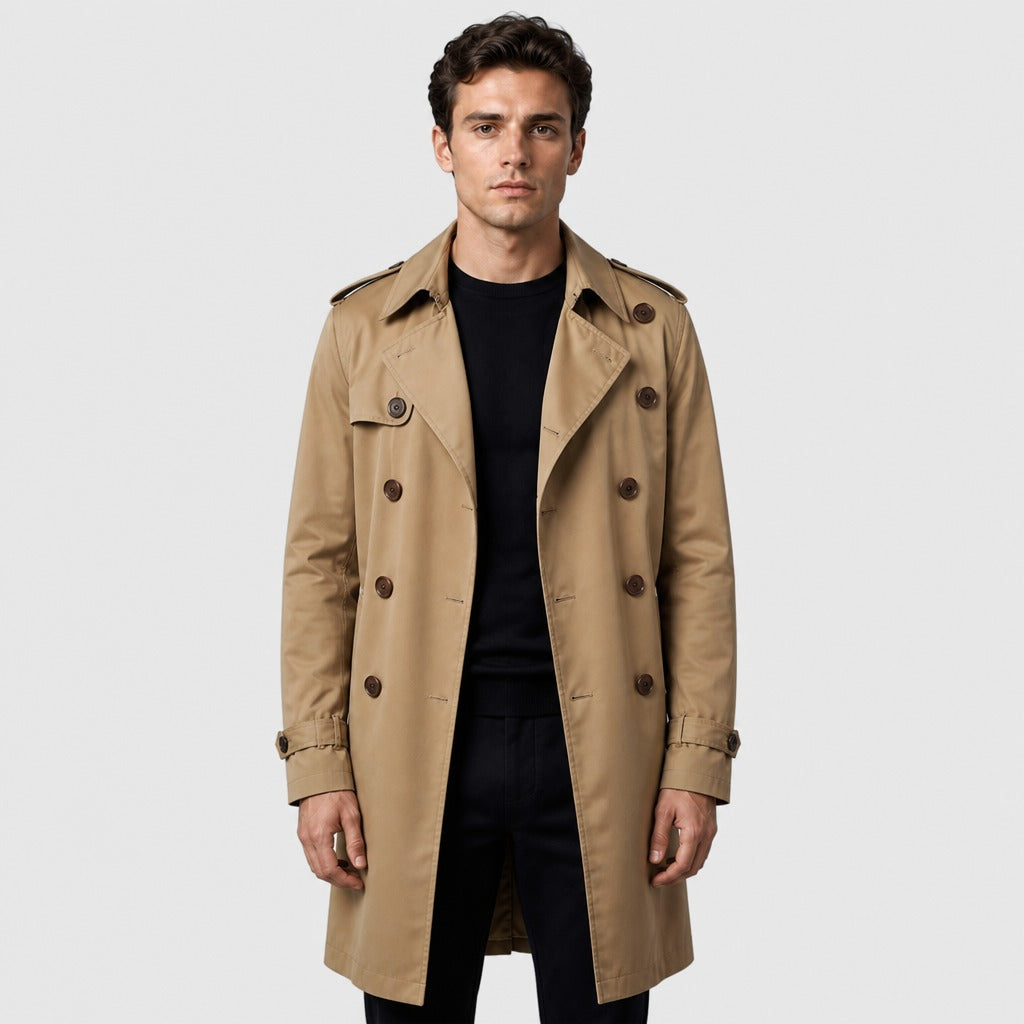 Men’s Double-Breasted Cotton Trench Coat Khaki