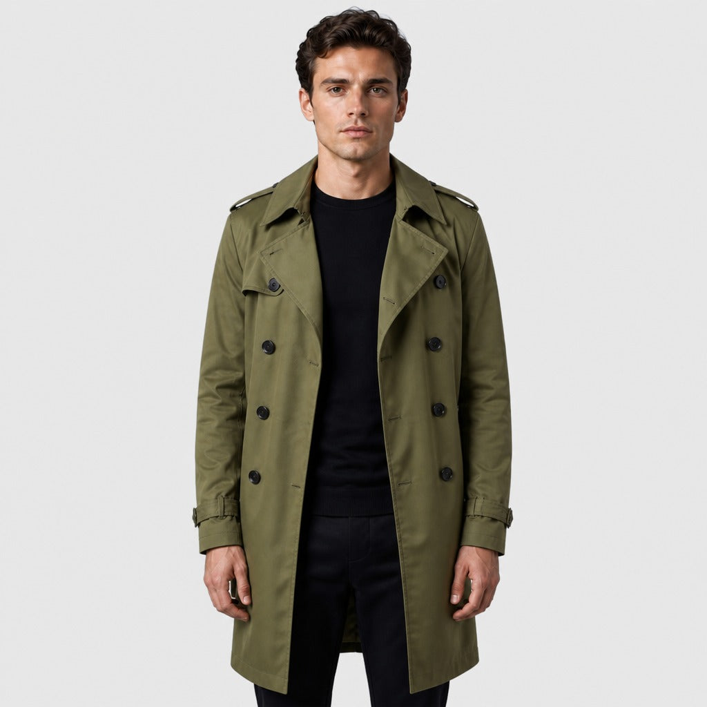 Men’s Double-Breasted Cotton Trench Coat Green