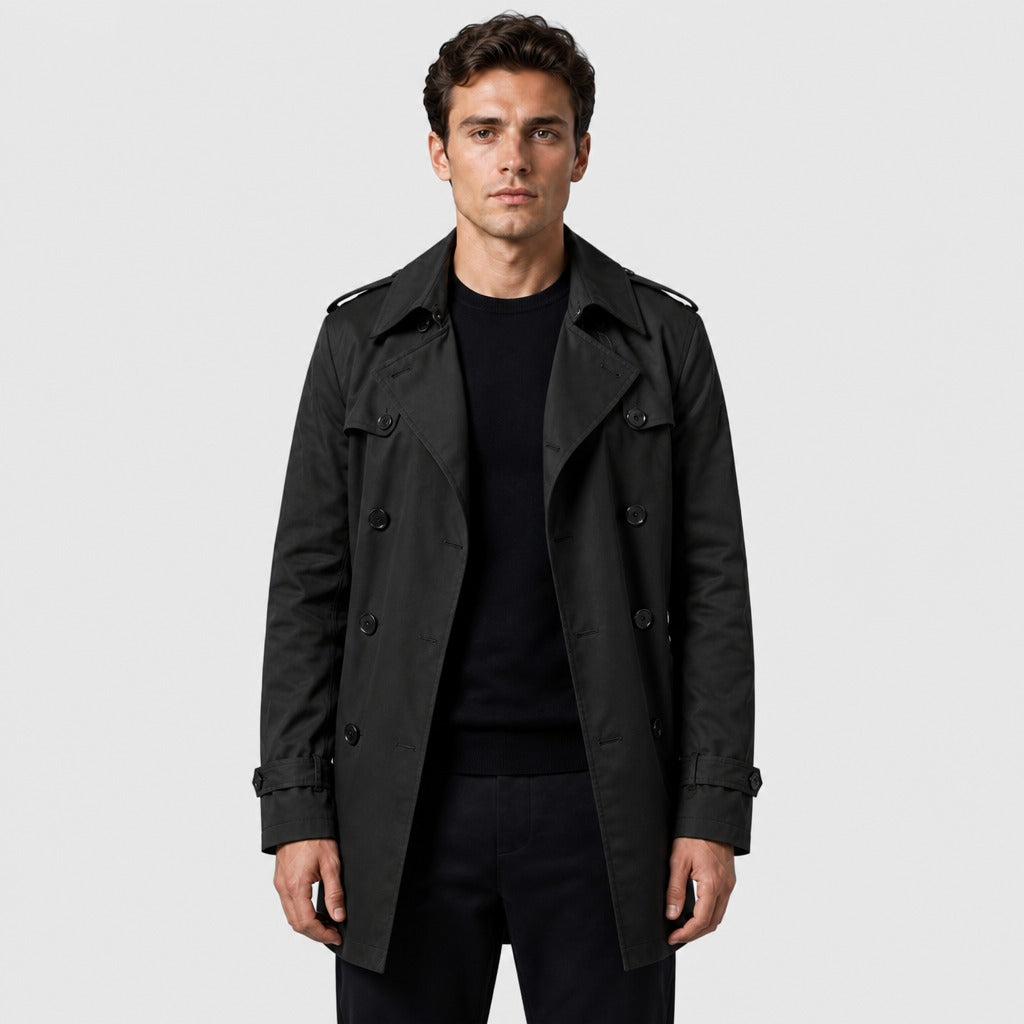 Men’s Double-Breasted Cotton Trench Coat Black