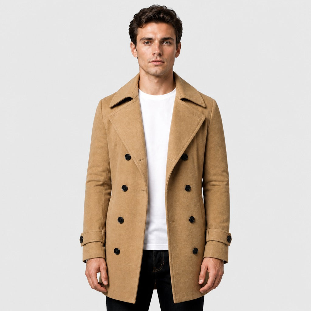 Men’s Double-Breasted Wool Blend Trench Coat Brown front