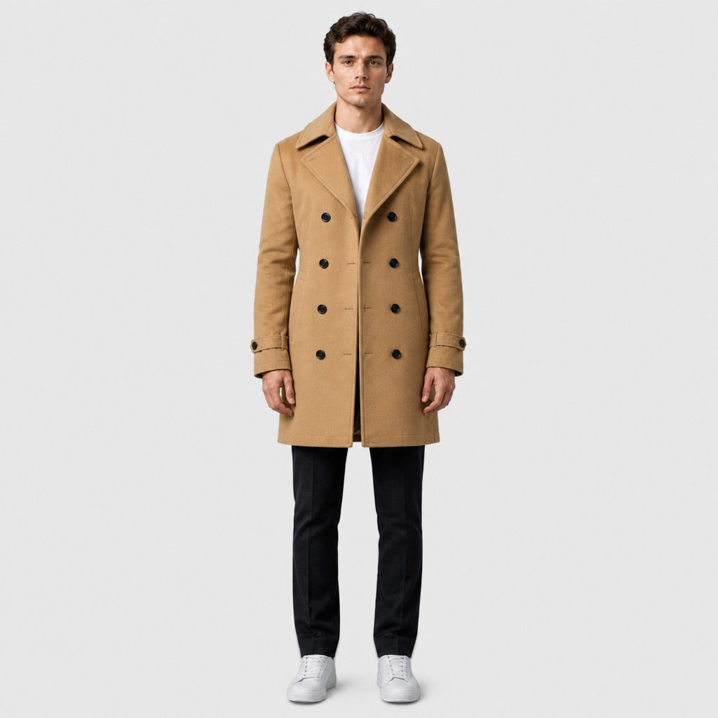 Men’s Double-Breasted Wool Blend Trench Coat Brown full length