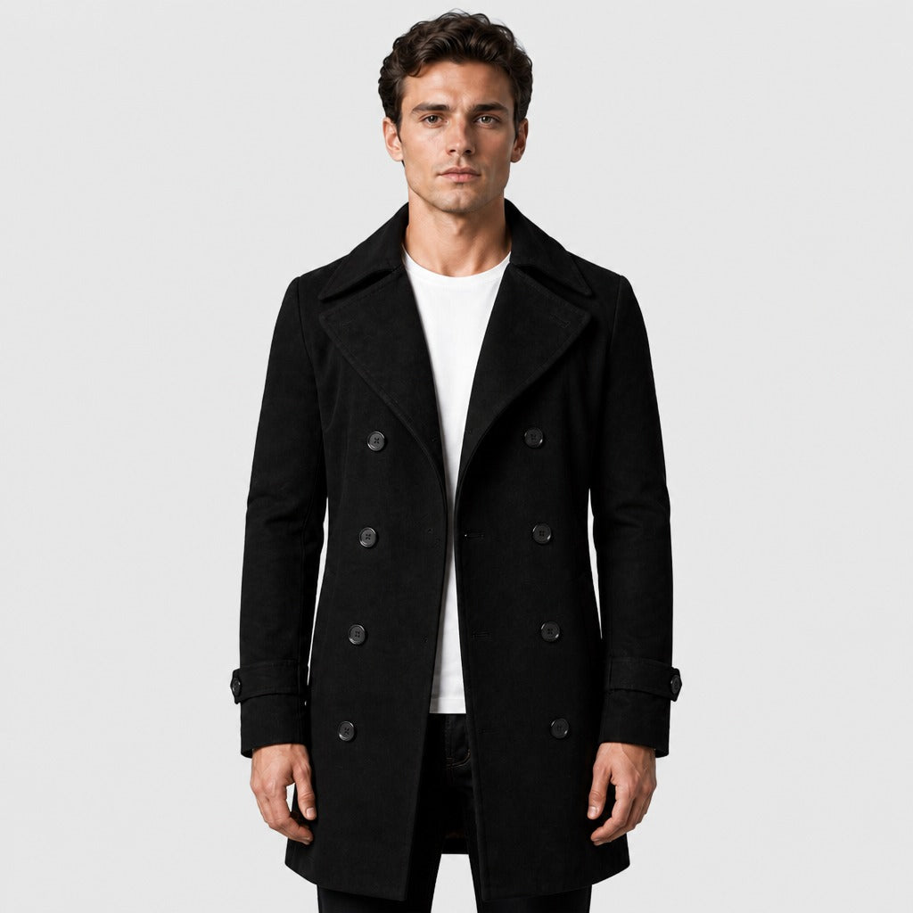 Men’s Double-Breasted Wool Blend Trench Coat Black
