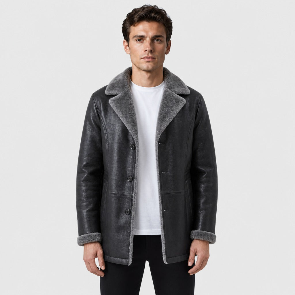 Men’s Faux Leather Blazer with Fleece Lining Black front